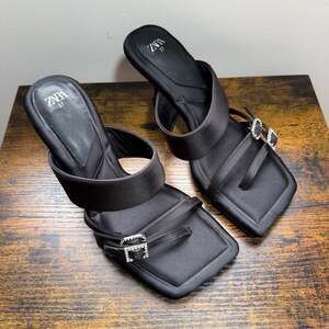 ZARA Black Satin High Heeled Sandals with Square Toe and Rhinestone Buckles